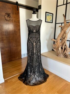 JS Collections Black Lace Overlay Evening Gown